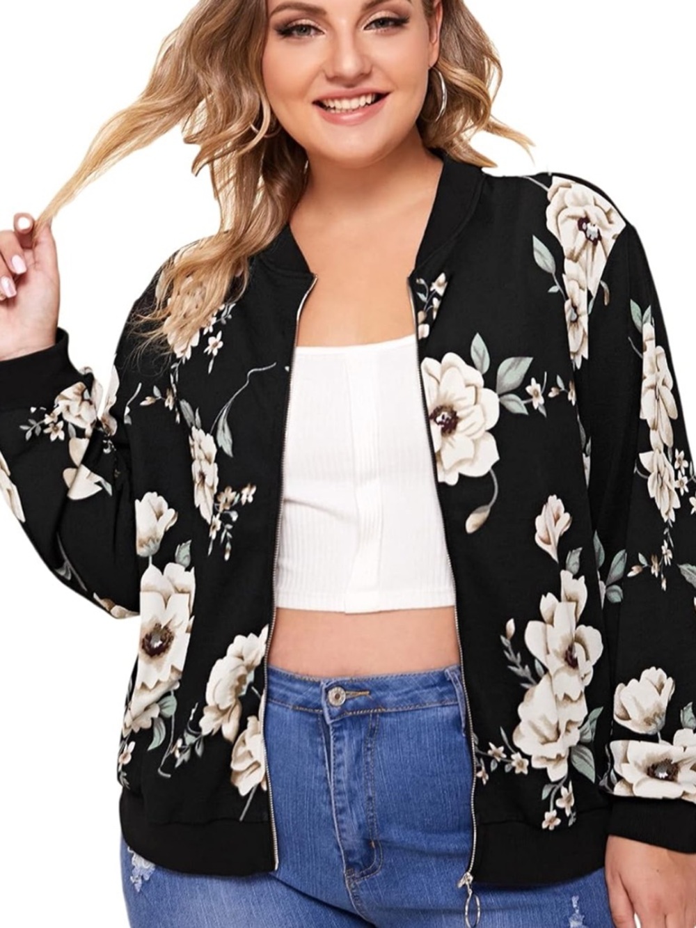 Plus-Size Floral Bomber Jacket - 3X